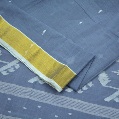 Indian Vintage Sarees Gray Pure Cotton Hand Woven Jamdani Sari 5yd Ethnic Floral Craft Fabric Dress making Upcycle Crafting Quilting