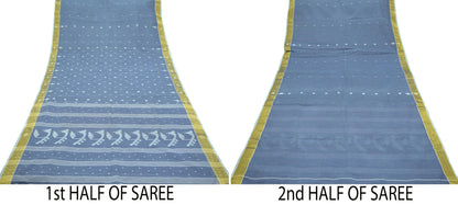 Indian Vintage Sarees Gray Pure Cotton Hand Woven Jamdani Sari 5yd Ethnic Floral Craft Fabric Dress making Upcycle Crafting Quilting