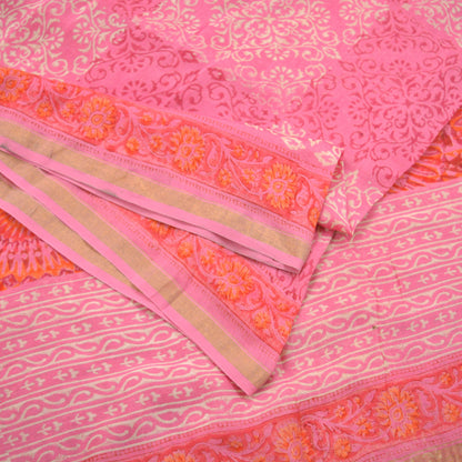 Indian Vintage Sari Pink Pure chanderi Silk Bagru Printed Saree 5Yd Fabric Floral Soft Zari Border Ethnic Upcycle Crafting Dress making