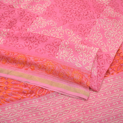 Indian Vintage Sari Pink Pure chanderi Silk Bagru Printed Saree 5Yd Fabric Floral Soft Zari Border Ethnic Upcycle Crafting Dress making