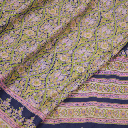 Indian Vintage Sari Green & Blue 100% Pure Silk Printed Sarees 5yd Sewing Craft Fabric Dress Making Soft Wrap Crafting Quilting Upcycle