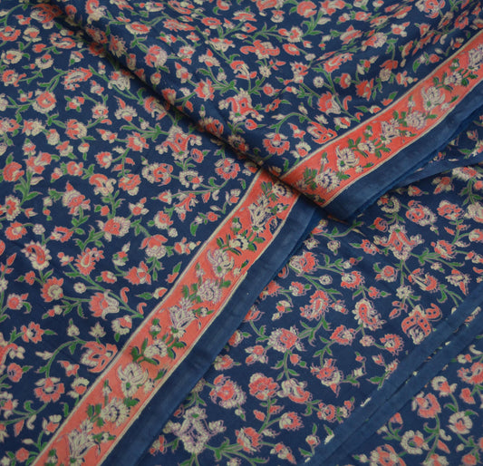 Vintage Blue & Green Saree Artificial Silk Printed Sari Sewing 5yd Craft Fabric Soft Floral Crafting Dress Making Crafting Quilting Upcycle