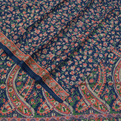 Vintage Blue & Green Saree Artificial Silk Printed Sari Sewing 5yd Craft Fabric Soft Floral Crafting Dress Making Crafting Quilting Upcycle