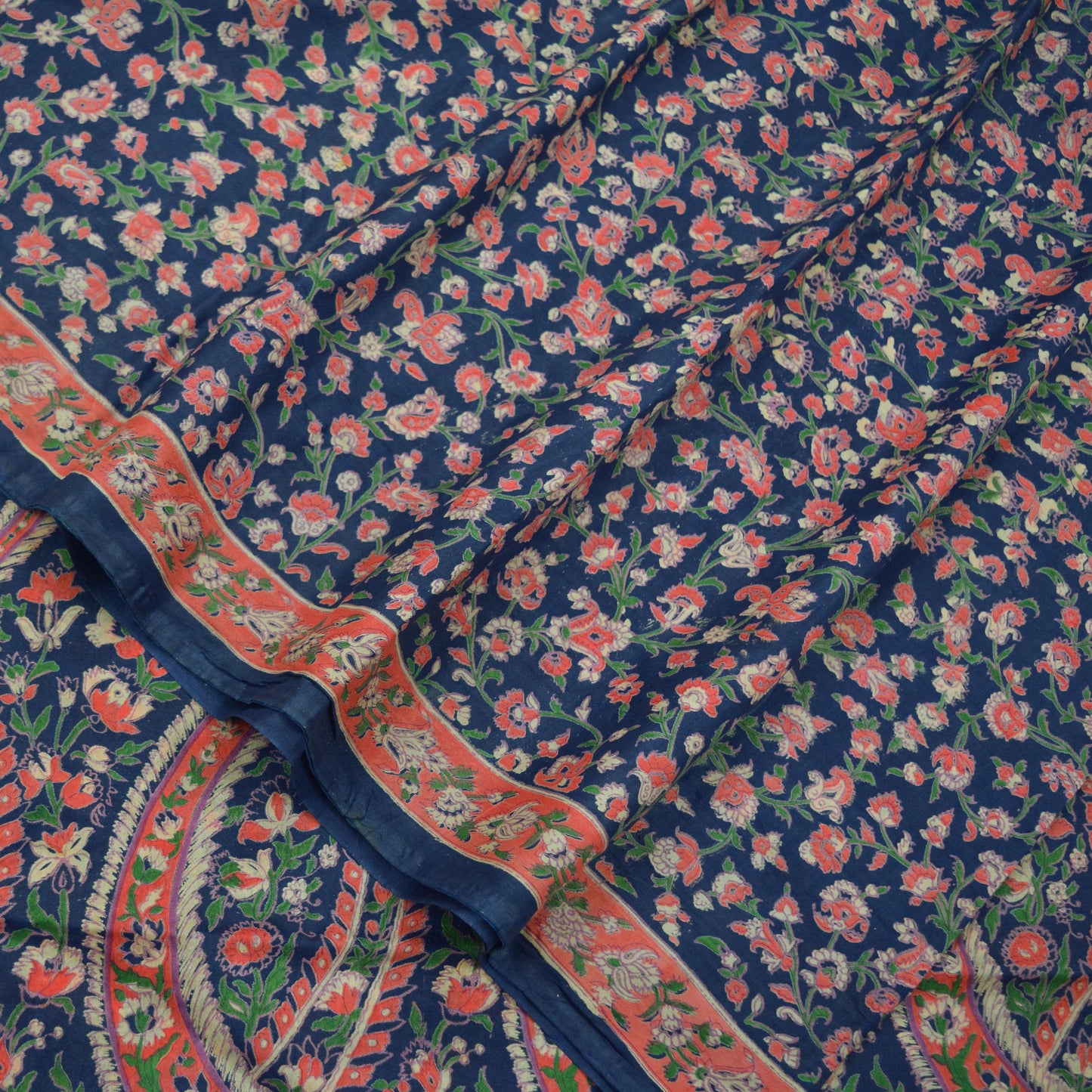 Vintage Blue & Green Saree Artificial Silk Printed Sari Sewing 5yd Craft Fabric Soft Floral Crafting Dress Making Crafting Quilting Upcycle