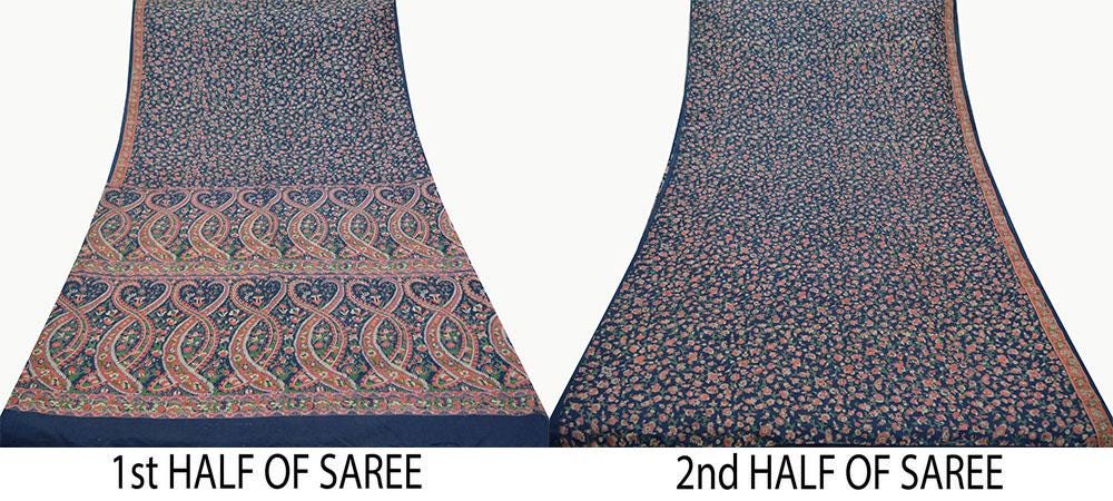 Vintage Blue & Green Saree Artificial Silk Printed Sari Sewing 5yd Craft Fabric Soft Floral Crafting Dress Making Crafting Quilting Upcycle