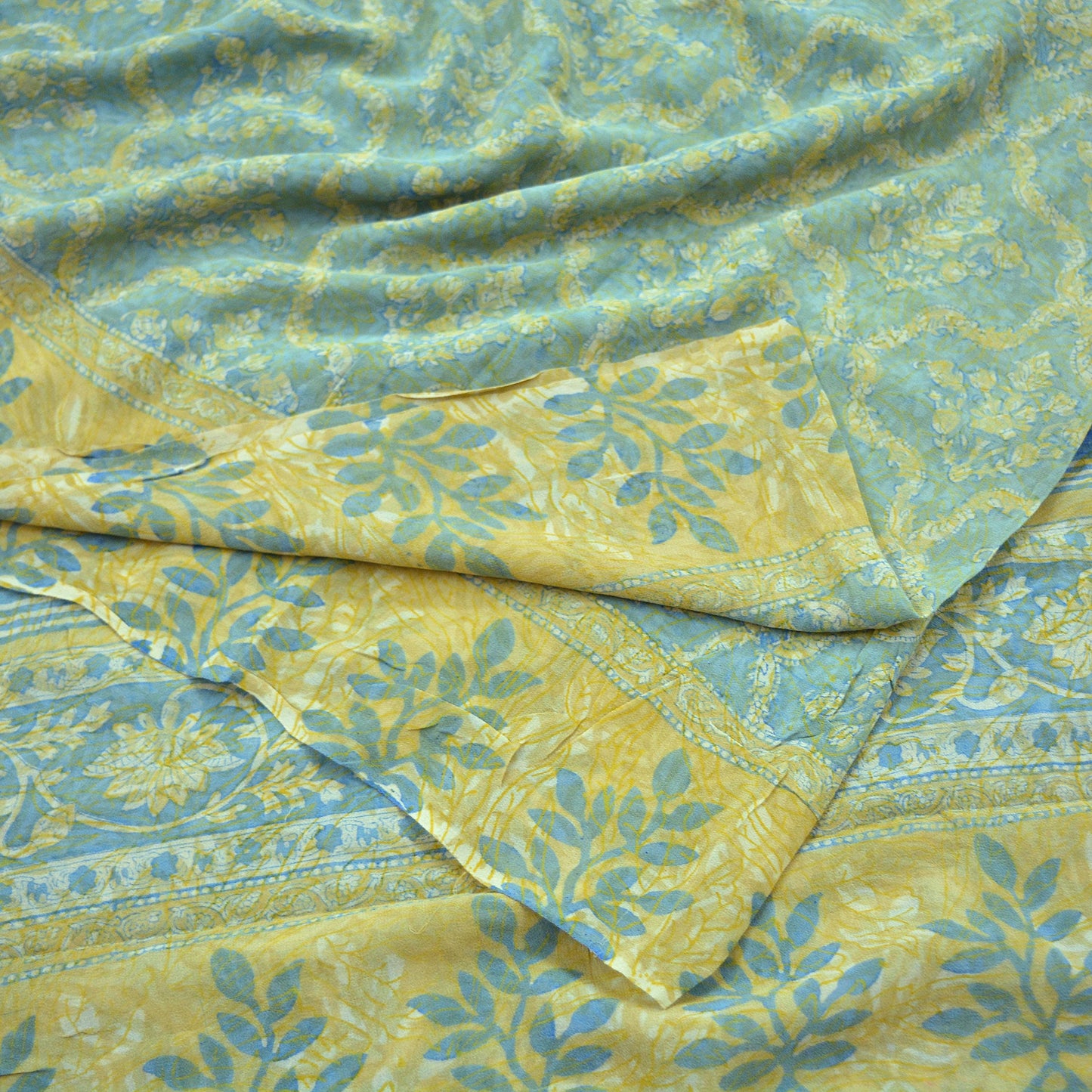 Indian Vintage Sari Beige & Blue Pure Georgette Silk Saree Craft Fabric Sewing 6Yard Soft Light Dress Making Floral