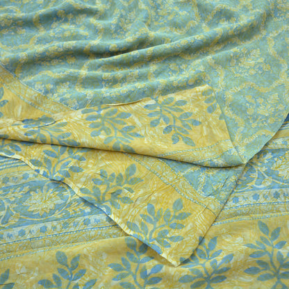 Indian Vintage Sari Beige & Blue Pure Georgette Silk Saree Craft Fabric Sewing 6Yard Soft Light Dress Making Floral