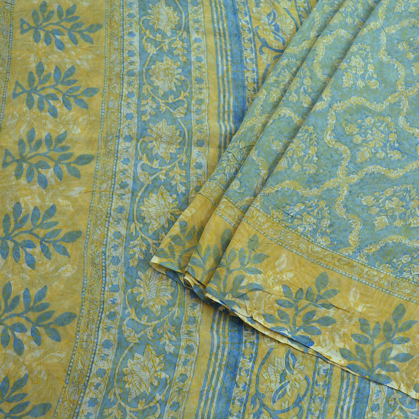 Indian Vintage Sari Beige & Blue Pure Georgette Silk Saree Craft Fabric Sewing 6Yard Soft Light Dress Making Floral