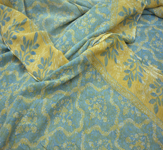 Indian Vintage Sari Beige & Blue Pure Georgette Silk Saree Craft Fabric Sewing 6Yard Soft Light Dress Making Floral