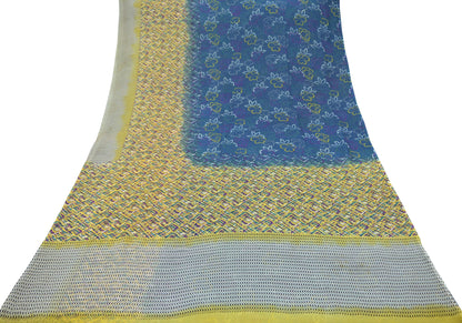 Vintage Sari Yellow & Green 100% Pure Chiffon Silk Printed Sarees Sewing 5yd Craft Fabric Soft Dress Designing for Crafting Floral