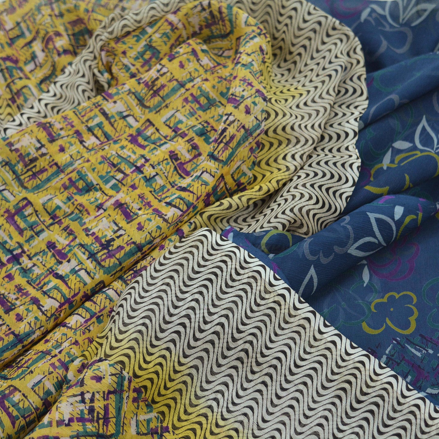 Vintage Sari Yellow & Green 100% Pure Chiffon Silk Printed Sarees Sewing 5yd Craft Fabric Soft Dress Designing for Crafting Floral