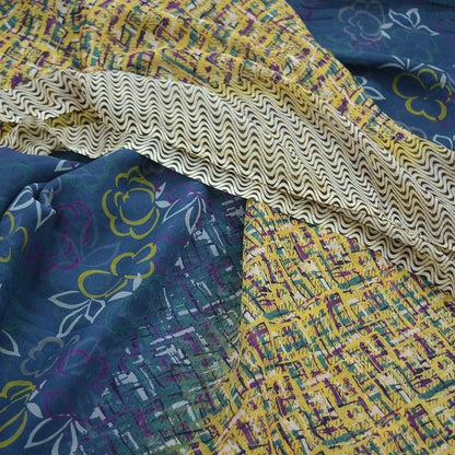 Vintage Sari Yellow & Green 100% Pure Chiffon Silk Printed Sarees Sewing 5yd Craft Fabric Soft Dress Designing for Crafting Floral