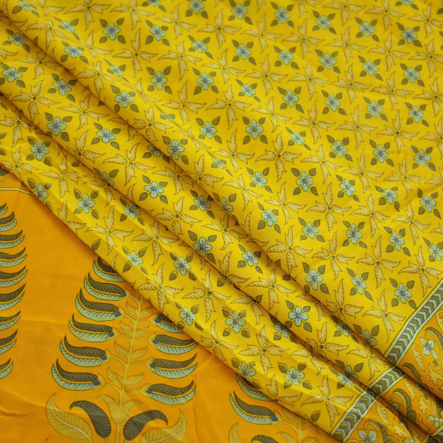 Indian Vintage Yellow & Mustard Saree Pure Crepe Silk Printed Sari 5yd Sewing Floral Soft Craft Fabric Wrap Fashion Dress making Crafting