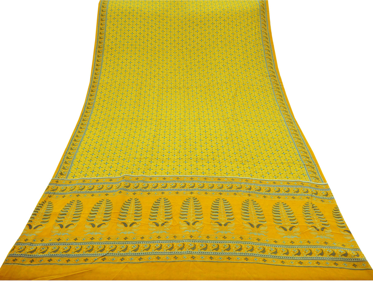 Indian Vintage Yellow & Mustard Saree Pure Crepe Silk Printed Sari 5yd Sewing Floral Soft Craft Fabric Wrap Fashion Dress making Crafting