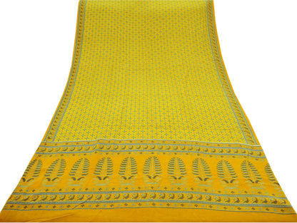 Indian Vintage Yellow & Mustard Saree Pure Crepe Silk Printed Sari 5yd Sewing Floral Soft Craft Fabric Wrap Fashion Dress making Crafting