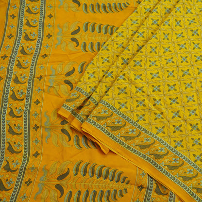 Indian Vintage Yellow & Mustard Saree Pure Crepe Silk Printed Sari 5yd Sewing Floral Soft Craft Fabric Wrap Fashion Dress making Crafting