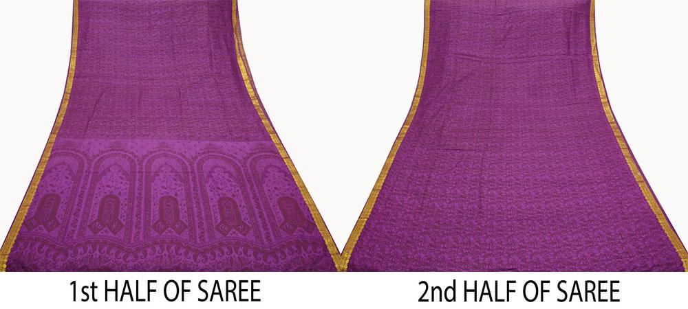 Indian Vintage Sari Purple 100% Pure Silk Printed Sarees 6yd Sewing Craft Fabric Zari Dress Making Soft Quilting Used Crafting Upcycle