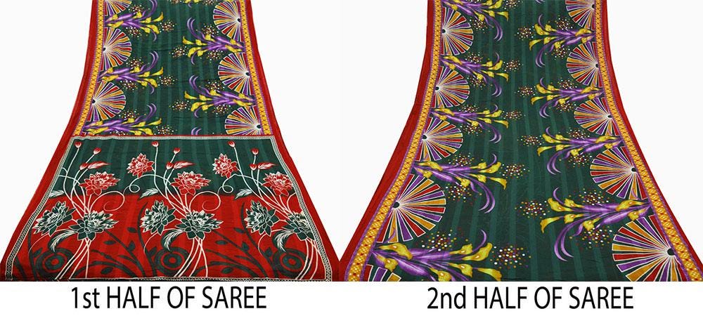 Indian Vintage Sari Green & Red Printed Pure Cotton Saree Craft Fabric 5Yd Sewing Sarong Wrap Boho Floral Crafting Upcycle Quilting Used