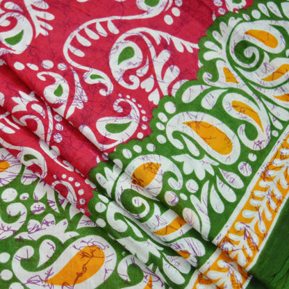Indian Vintage Sari Red & Green Batik Printed Saree 100% Pure Cotton 5Yd Craft Fabric Soft Sewing Sarong Wrap Boho Quilting Dress Making