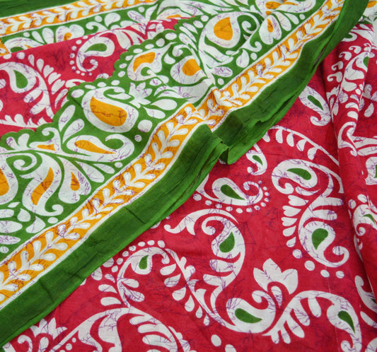Indian Vintage Sari Red & Green Batik Printed Saree 100% Pure Cotton 5Yd Craft Fabric Soft Sewing Sarong Wrap Boho Quilting Dress Making