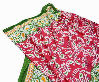Indian Vintage Sari Red & Green Batik Printed Saree 100% Pure Cotton 5Yd Craft Fabric Soft Sewing Sarong Wrap Boho Quilting Dress Making