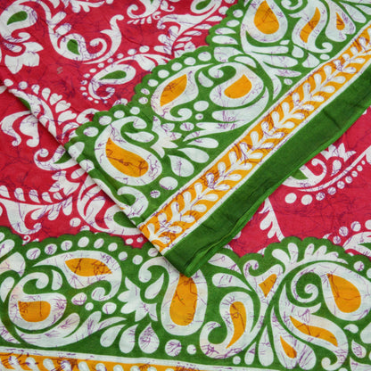 Indian Vintage Sari Red & Green Batik Printed Saree 100% Pure Cotton 5Yd Craft Fabric Soft Sewing Sarong Wrap Boho Quilting Dress Making