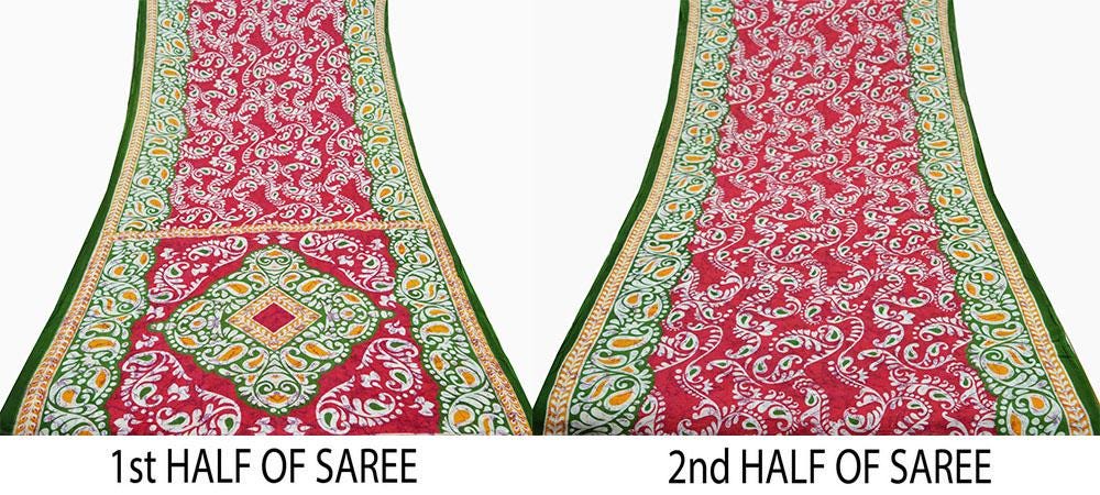 Indian Vintage Sari Red & Green Batik Printed Saree 100% Pure Cotton 5Yd Craft Fabric Soft Sewing Sarong Wrap Boho Quilting Dress Making