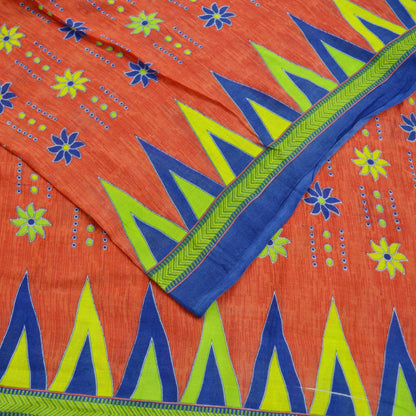 Indian Vintage Sari Blue & Orange Printed Pure Cotton Saree Craft Fabric Soft Floral 5Yd Sarong Wrap Boho Kimono Soft Dress making Quilting