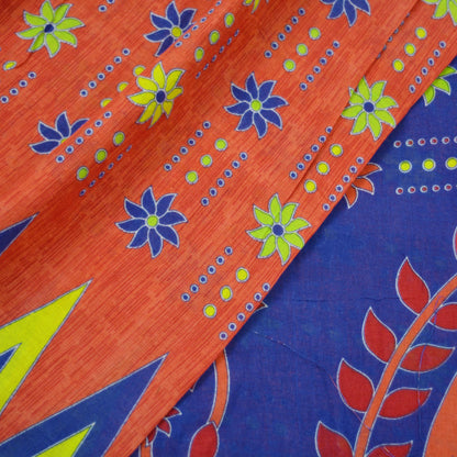 Indian Vintage Sari Blue & Orange Printed Pure Cotton Saree Craft Fabric Soft Floral 5Yd Sarong Wrap Boho Kimono Soft Dress making Quilting