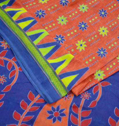 Indian Vintage Sari Blue & Orange Printed Pure Cotton Saree Craft Fabric Soft Floral 5Yd Sarong Wrap Boho Kimono Soft Dress making Quilting