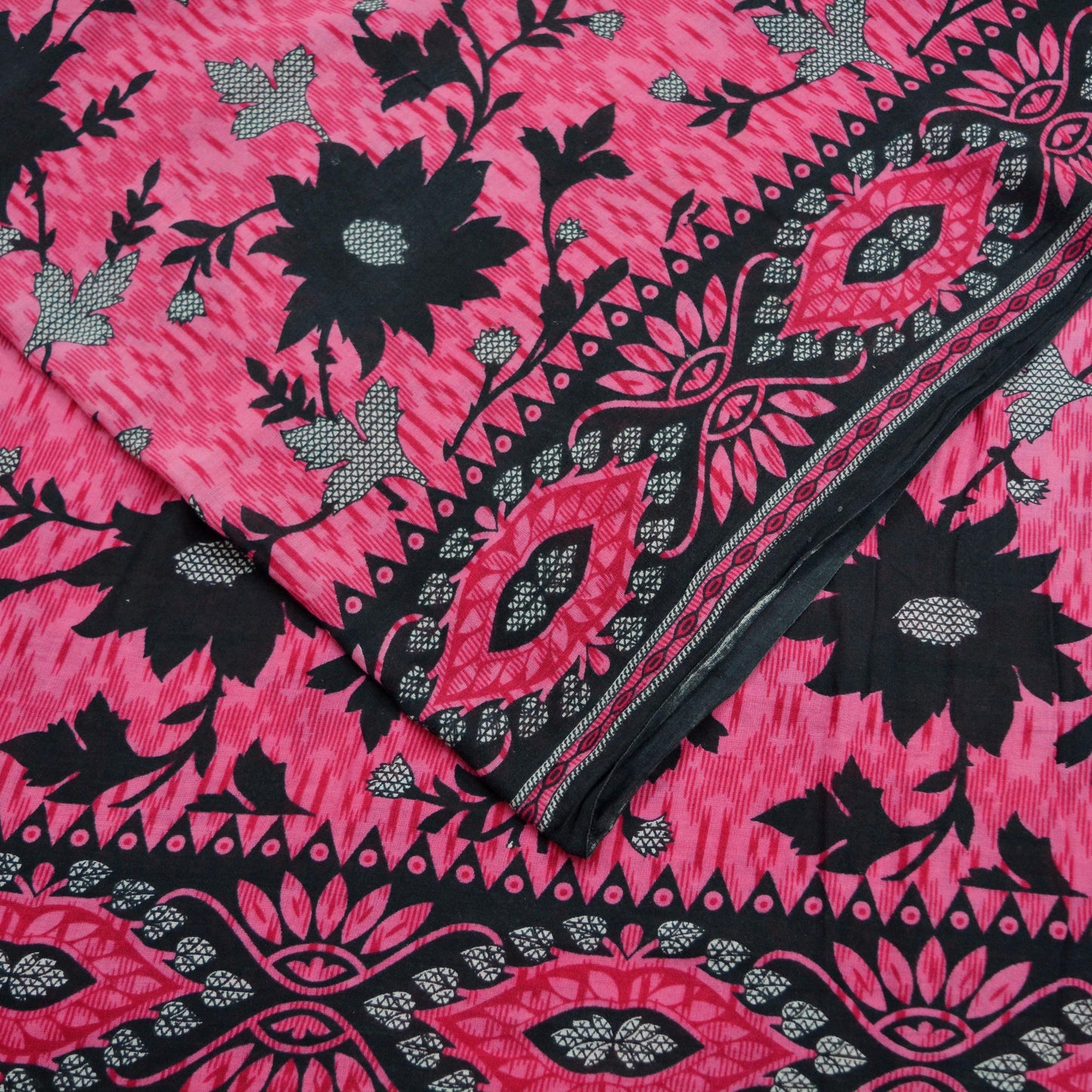 Indian Vintage Sari Pink & Black Printed 100% Pure Cotton Saree Craft Soft Fabric 5Yd Sewing Sarong Wrap Boho Polka Dot