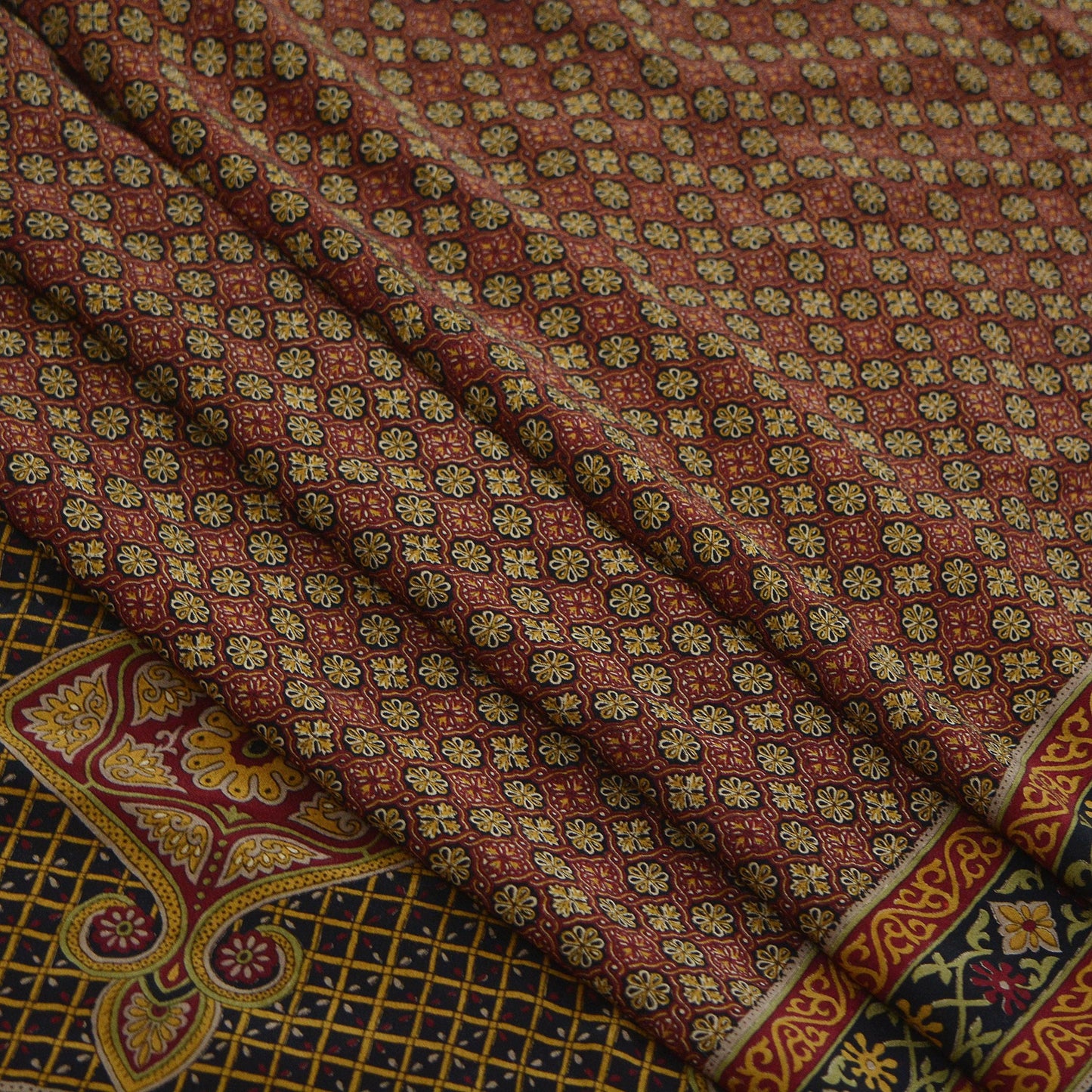 Indian Vintage Sari Maroon Pure Crepe Silk Printed Saree 5yd Sewing Floral Soft Craft Fabric Ethnic Wrap Dress making Crafting Quilting