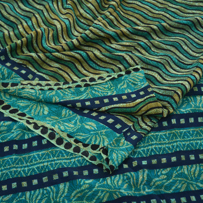 Indian Vintage Sari Blue & Green Pure Crepe Silk Printed Sarees 5yd Sewing Stripes Soft Craft Fabric Wrap Dress Making Quilting Crafting