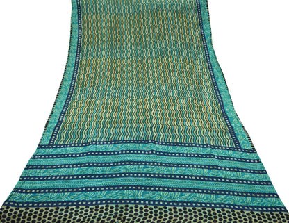 Indian Vintage Sari Blue & Green Pure Crepe Silk Printed Sarees 5yd Sewing Stripes Soft Craft Fabric Wrap Dress Making Quilting Crafting