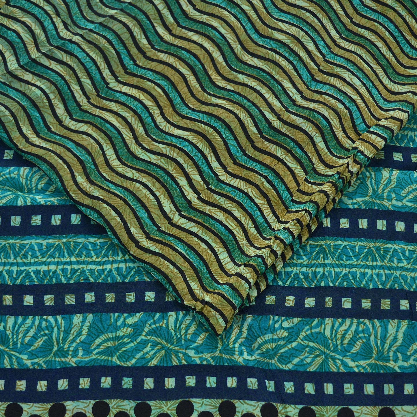 Indian Vintage Sari Blue & Green Pure Crepe Silk Printed Sarees 5yd Sewing Stripes Soft Craft Fabric Wrap Dress Making Quilting Crafting