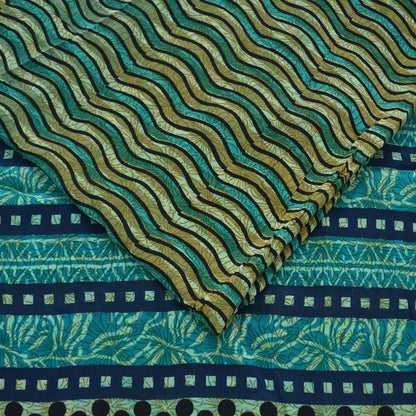 Indian Vintage Sari Blue & Green Pure Crepe Silk Printed Sarees 5yd Sewing Stripes Soft Craft Fabric Wrap Dress Making Quilting Crafting