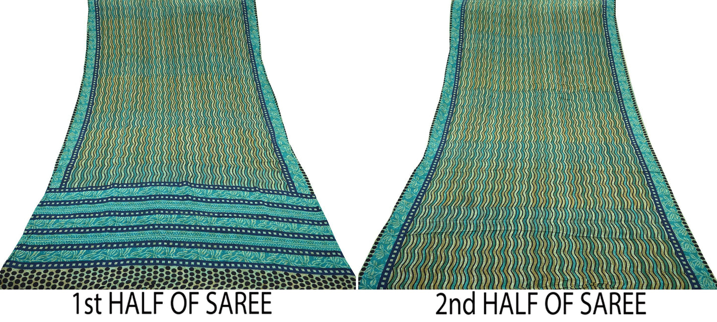 Indian Vintage Sari Blue & Green Pure Crepe Silk Printed Sarees 5yd Sewing Stripes Soft Craft Fabric Wrap Dress Making Quilting Crafting