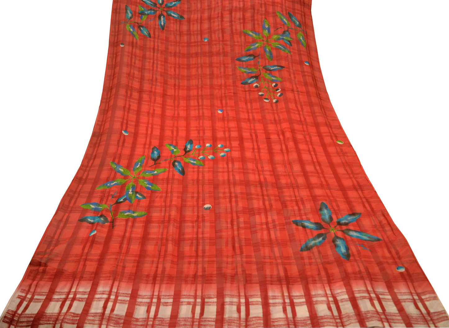 Women Vintage Sari Beige & red Pure Georgette Silk Block Printed Saree Craft Fabric Sewing 5Yd Soft Light Sari Dress Making Quilting