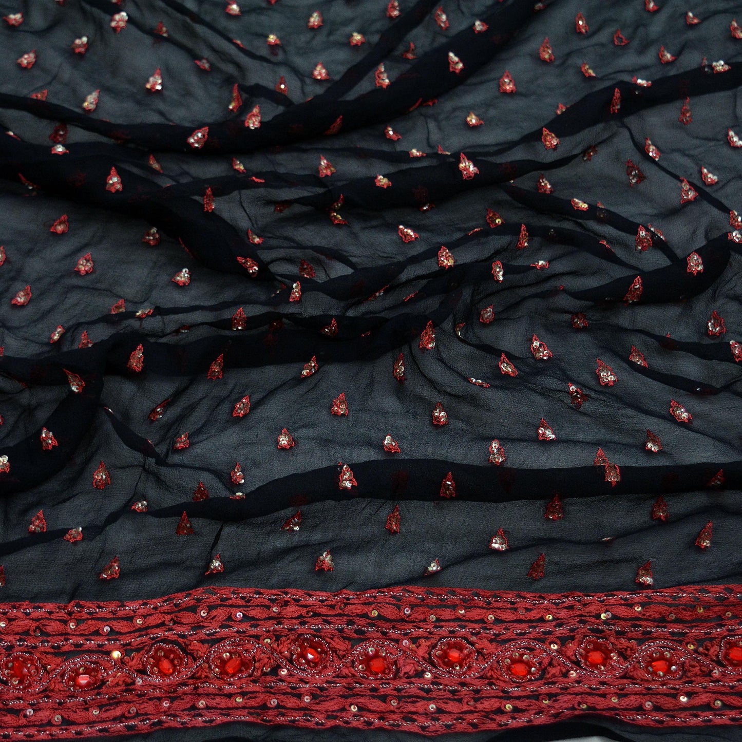 Indian Vintage Black Dupatta Pure Georgette silk Long Stole Hand Embroidered Scarves Stole Veil Wrap Sequins Hijab