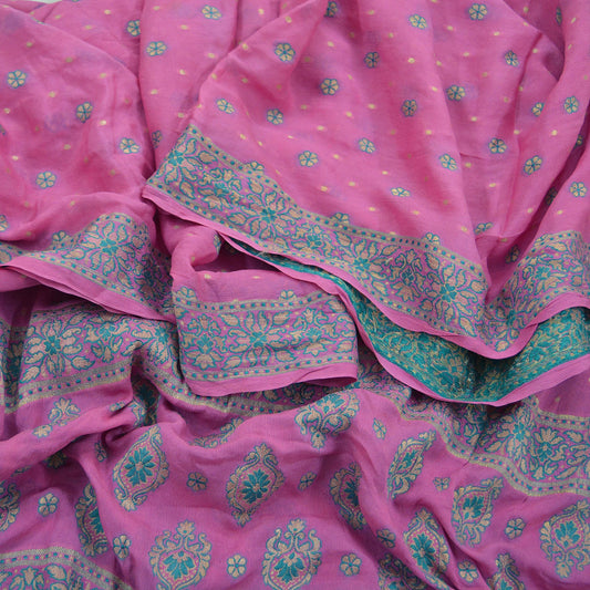 Indian Vintage Pink Dupatta Long Stole Pure Silk Hand Woven Scarves Veil Scarf Wrap Floral Zari Border