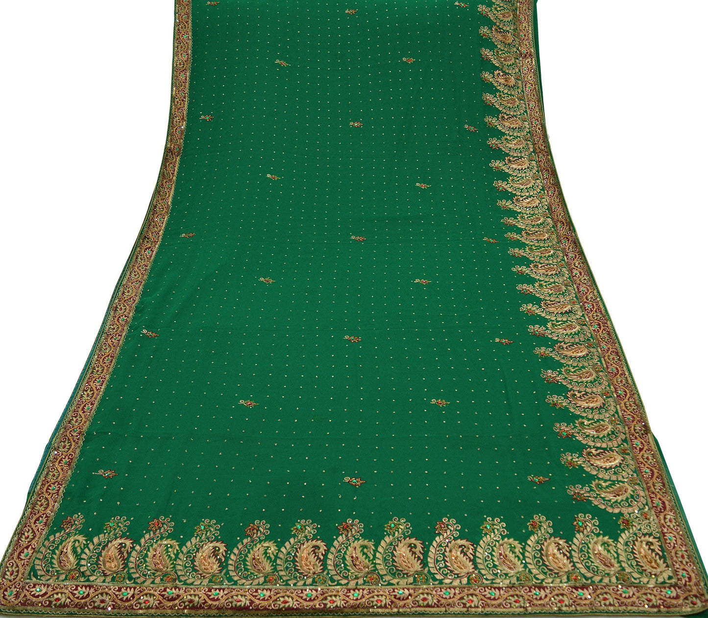 Indian Vintage Green Saree Pure Georgette Silk Hand Beaded Indian Sari Fabric 5Yard Sewing Soft Ethnic Zardozi/ Dabka Wedding/Bridal Sarees