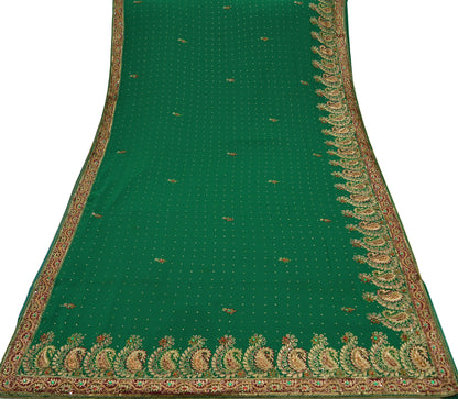 Indian Vintage Green Saree Pure Georgette Silk Hand Beaded Indian Sari Fabric 5Yard Sewing Soft Ethnic Zardozi/ Dabka Wedding/Bridal Sarees