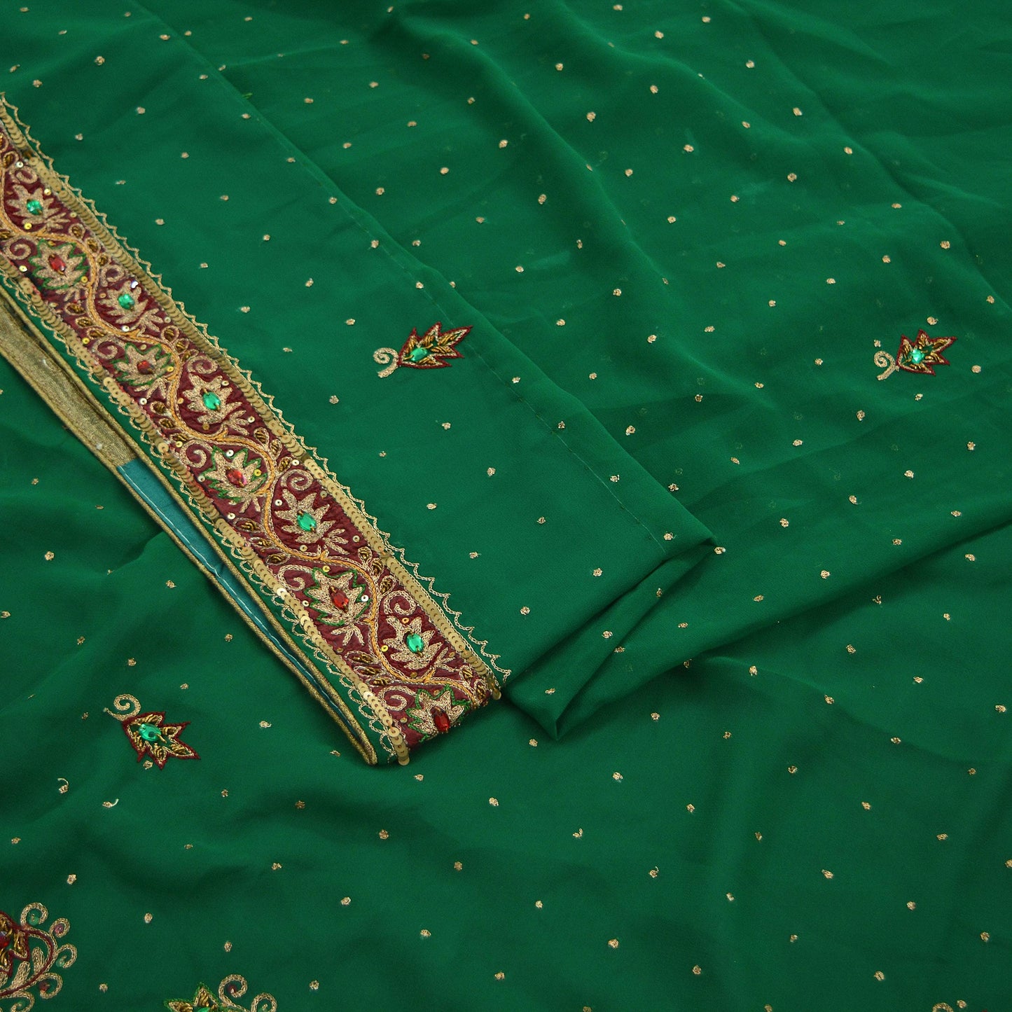 Indian Vintage Green Saree Pure Georgette Silk Hand Beaded Indian Sari Fabric 5Yard Sewing Soft Ethnic Zardozi/ Dabka Wedding/Bridal Sarees