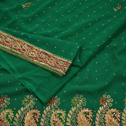 Indian Vintage Green Saree Pure Georgette Silk Hand Beaded Indian Sari Fabric 5Yard Sewing Soft Ethnic Zardozi/ Dabka Wedding/Bridal Sarees