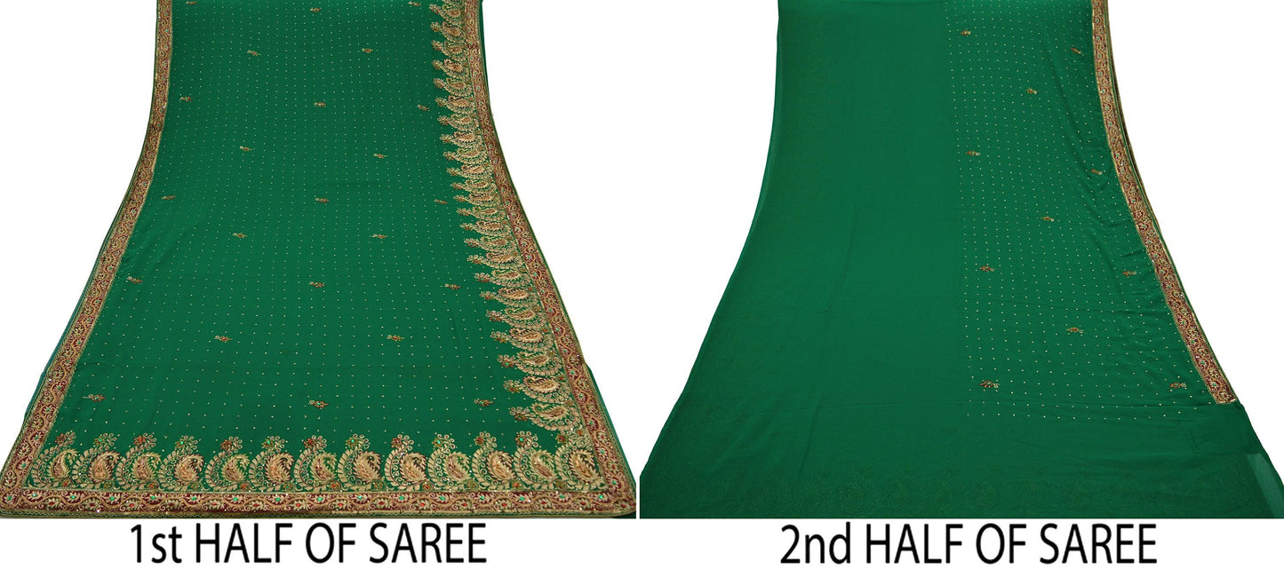 Indian Vintage Green Saree Pure Georgette Silk Hand Beaded Indian Sari Fabric 5Yard Sewing Soft Ethnic Zardozi/ Dabka Wedding/Bridal Sarees