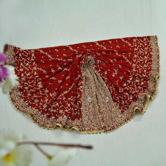 Indian Vintage Heavy Red Dupatta Pure Georgette Silk Long Stole Hand Embroidered Scarf Zardozi/Dabka Bridal/Wedding Veil Hijab