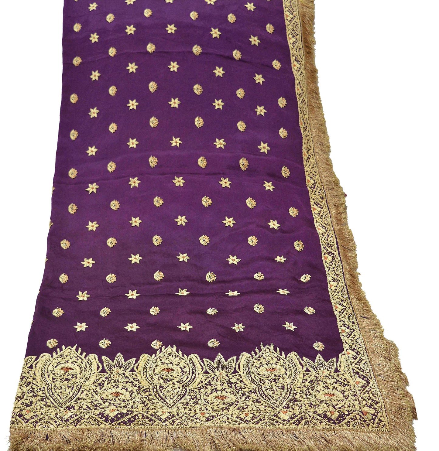 Indian Vintage Heavy Wedding Purple Dupatta Pure Satin Silk Long Stole Hand Embroidered Scarves Golden Zardozi Veil Hijab Bridal Dupatta