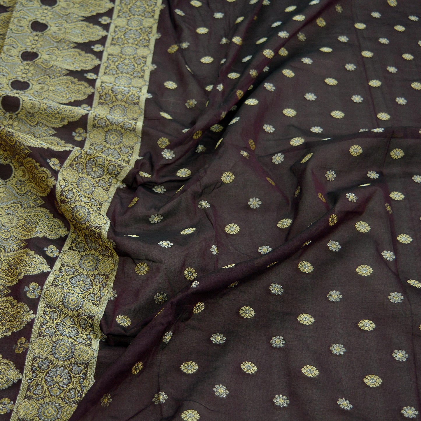 Indian Vintage Coffee Brown Dupatta Long Stole Pure Silk Hand Woven Scarves Veil Scarf Wrap Floral