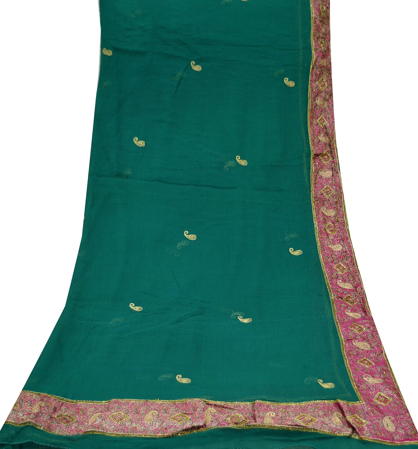 Indian Vintage Green Dupatta Pure Chiffon silk Long Stole Hand Embroidered Scarves Floral Design Veil Wrap Zari Zardozi Banarasi Border