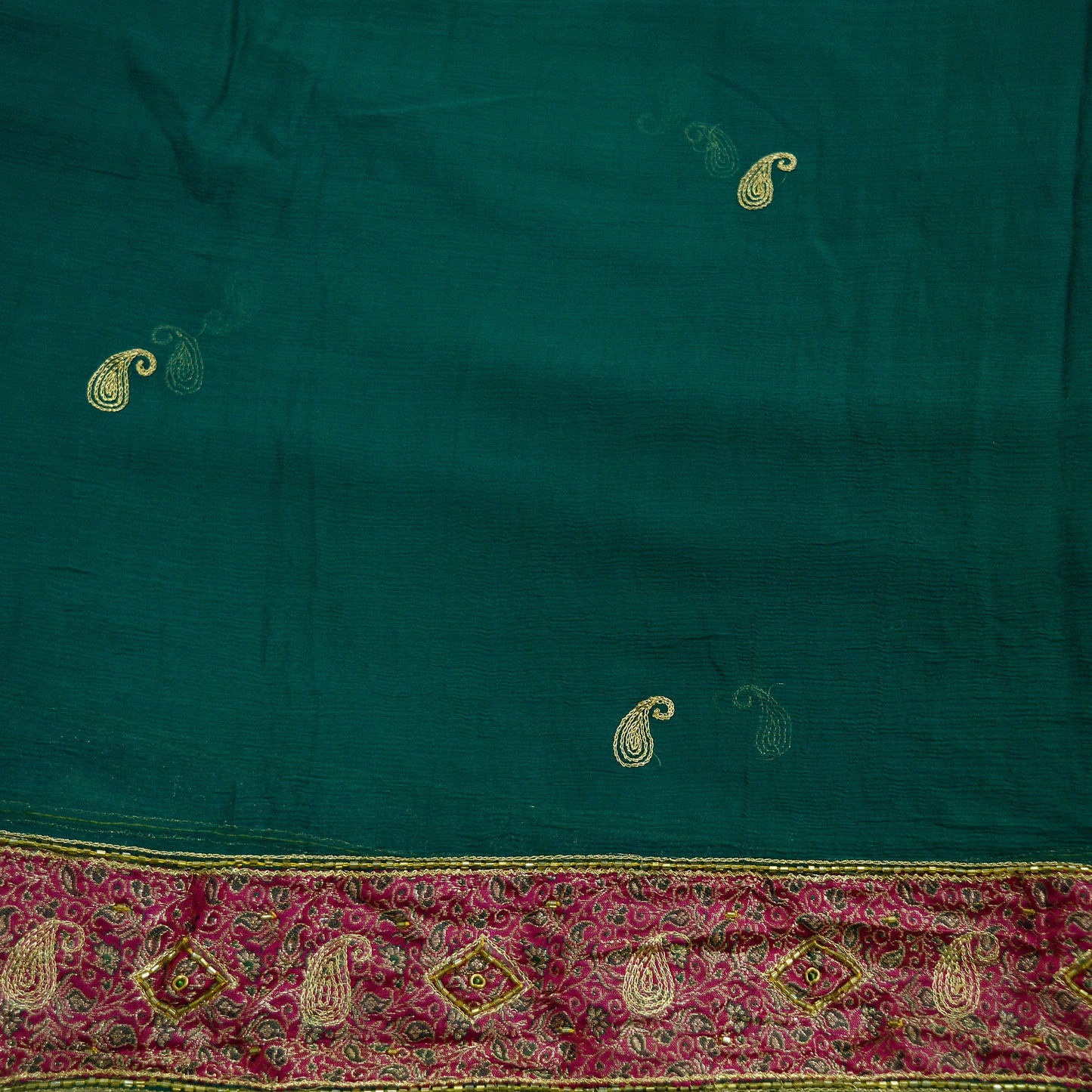 Indian Vintage Green Dupatta Pure Chiffon silk Long Stole Hand Embroidered Scarves Floral Design Veil Wrap Zari Zardozi Banarasi Border